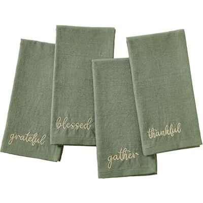 Elrene Home Fashions Oogst Herfst Sentiment Geborduurde Servetten, Set van 4, 17"x17", Groen Elrene Home Fashions Oogst Herfst Sentiment Geborduurde Servetten, Set van 4, 17"x17", Groen