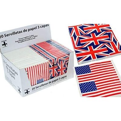 DRW Display 24 verpakkingen met 20 drielaagse papieren servetten, versierd met Amerikaanse en Britse vlaggen, 33 x 33 cm DRW Display 24 verpakkingen met 20 drielaagse papieren servetten, versierd met Amerikaanse en Britse vlaggen, 33 x 33 cm