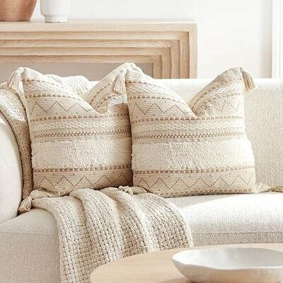 BlissBlush Decoratieve kussensloop 18 x 18 cm, comboset van 2, vierkant, crèmekleurig, neutraal wit, boho-accent, kussensloop met kwastjes, boerderij, kussen voor bank, slaapkamer, woonkamer BlissBlush Decoratieve kussensloop 18 x 18 cm, comboset van 2, vierkant, crèmekleurig, neutraal wit, boho-accent, kussensloop met kwastjes, boerderij, kussen voor bank, slaapkamer, woonkamer