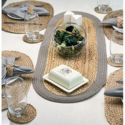 Chardin home Verona ovaal geweven jute & katoen gevlochten tafelloper, maat -13 x 36 inch, kleur natuurlijke jute met grijze rand Chardin home Verona ovaal geweven jute & katoen gevlochten tafelloper, maat -13 x 36 inch, kleur natuurlijke jute met grijze rand