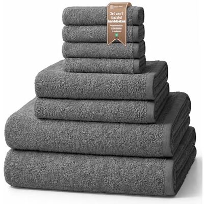 NatureMark 8-delige handdoekenset van badstof in verschillende maten – 4 gastendoekjes, 2 handdoeken, 2 badlakens Kleur: Antracietgrijs 100% katoen NatureMark 8-delige handdoekenset van badstof in verschillende maten – 4 gastendoekjes, 2 handdoeken, 2 badlakens Kleur: Antracietgrijs 100% katoen