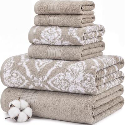 Modern Threads Amaris 6-delige omkeerbare garengeverfde jacquard handdoekenset badhanddoeken, handdoeken en washandjes super absorberend en sneldrogend 100% gekamd katoen, kaki Modern Threads Amaris 6-delige omkeerbare garengeverfde jacquard handdoekenset badhanddoeken, handdoeken en washandjes super absorberend en sneldrogend 100% gekamd katoen, kaki