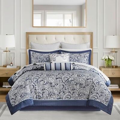 Madison Park Gezellige dekbed, Faux Zijde Jacquard Paisley Design, Polyester, Navy Biab 12 stuks, King Madison Park Gezellige dekbed, Faux Zijde Jacquard Paisley Design, Polyester, Navy Biab 12 stuks, King