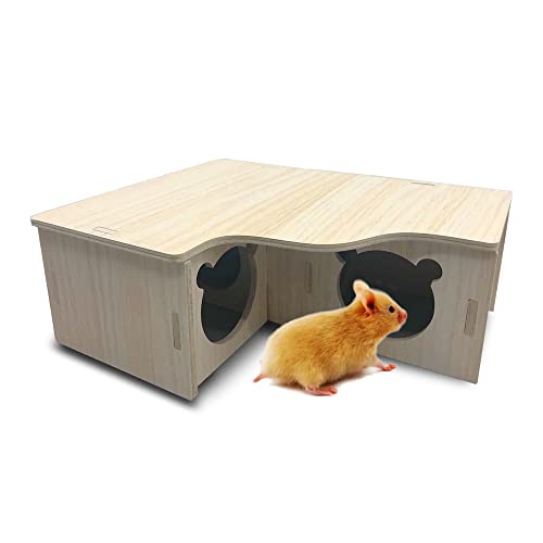 Eyksta Hamster huis van hout, 3 kamers, hamster speelgoed kooi decoratie voor dwerghamsters, racemuizen, deegus, stekelmuizen (22.5 * 18 * 8 cm)