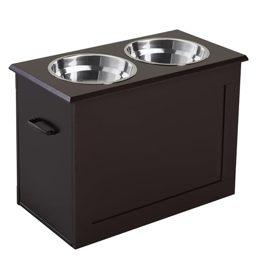 PawHut hondenbak met opbergruimte 2 bakjes voerstation RVS bak kattenbak MDF RVS espresso 60 x 30 x 41 cm