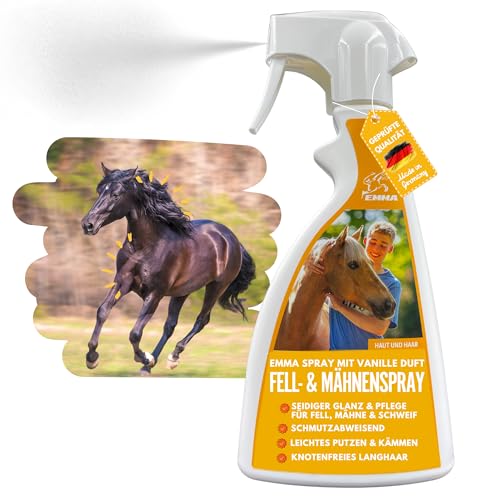 EMMA Manenspray voor paarden, vanille, geur, 500 ml, vachtverzorging, glansspray en kambaarheid voor vacht, manen, staart, staartspray voor paarden, vachtspray, haarverzorging, paardenaccessoires, kamhulp ontwarrer