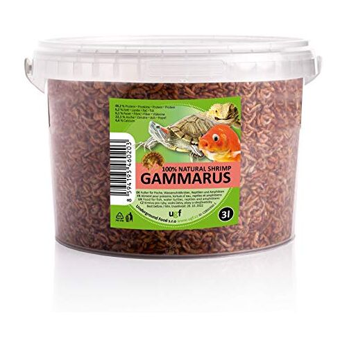 UGF Underground Food UGF Premium Gammarus Bachflohkrebse Getrocknet, 3 Liter Eimer, Schildkrötenfutter, Fischfutter Aquarium, Axolotl Futter, Hamsterfutter, Igelfutter, Koi Futter, Rattenfutter