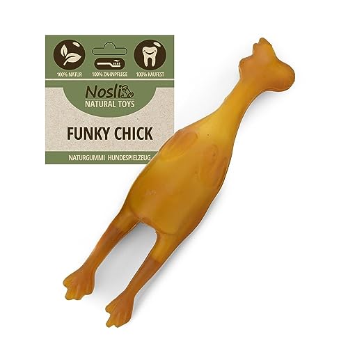 Nosli Natural Toys Funky Chick Kippenspeelgoed voor honden, 100% natuurlijk rubber, kip zonder kleurstoffen, kauwspeelgoed voor honden, kip hondenspeelgoed, rubberen kip voor honden, natuurlijk