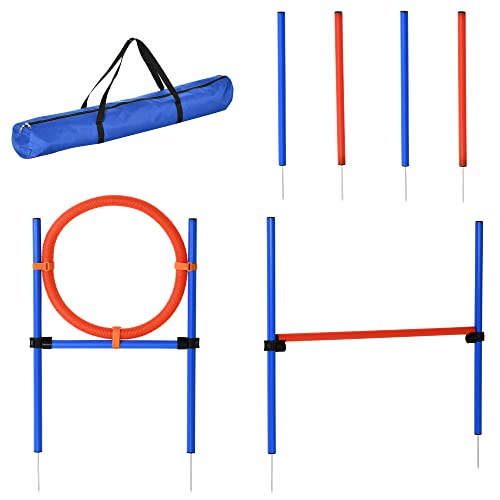 PawHut Behendigheidstraining set Slalom-hürden-springring 3-in-1 hondensport trainingsplaats PE blauw + rood