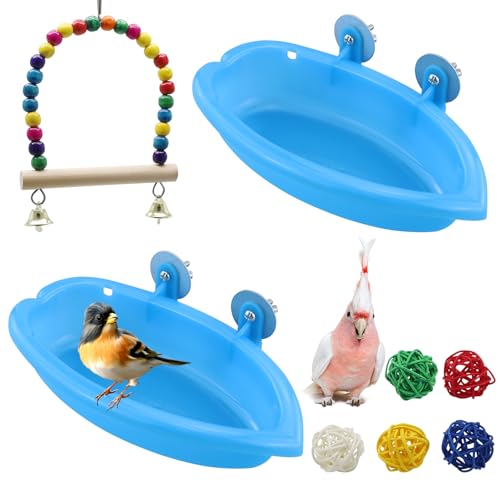 LWMLWM 2 stuks vogelbadjes voor kooi, parkieten, badkuip, vogelkooi, badkuip, accessoires met parkiet, schommel en rotan ballen voor parkieten, valkparkiet, parkiet en vink