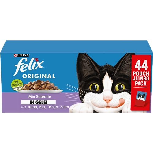 Felix Mix Selectie in Gelei Kattenvoer, Natvoer maaltijdzakjes met Rund, Kip, Zalm & Tonijn, 44 x 85g (44 maaltijdzakjes; 3,7kg)