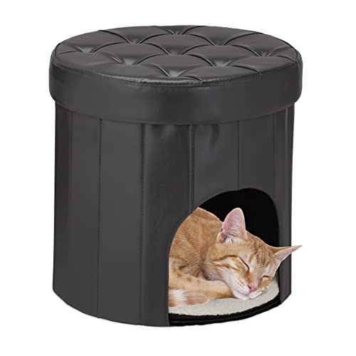 Relaxdays kattenmand poef, 2in1 zitmeubel & kattenhuis, HxØ 38x38 cm, voor katten & kleine honden, met kussen, antraciet