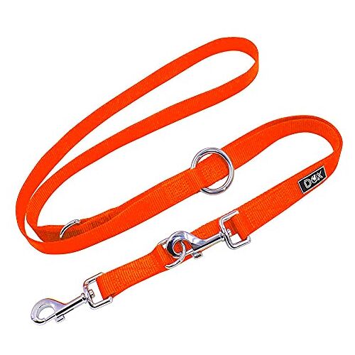 DDOXX Nylon Hondenriem, 3-wegs Aanpasbaar, 2 m   Voor Kleine en Grote Honden   Dubbele Hondenlijn voor Honden/Katten/Puppies   Lange Hondenlijn   Korte Wandellijn   Looplijn/Puppyriem   Oranje, XS