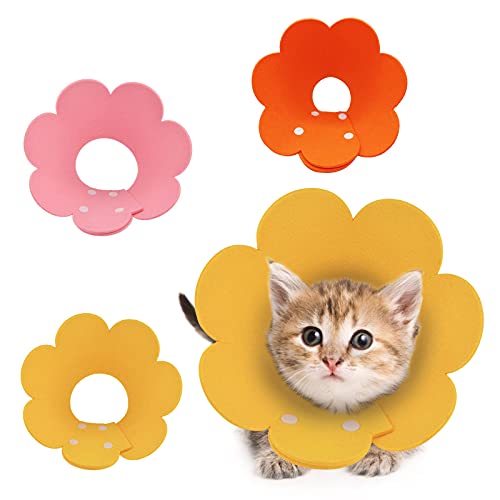 HACRAHO Pet Cone Collar, 3 STKS Leuke Zonnebloem Vorm Chirurgie Herstel Elizabethaanse Halsbanden Verstelbare Kegel Na Chirurgie Halsband voor Katten en Honden, Geel en Roze en Oranje