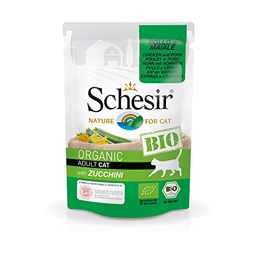 Schesir Cat Bio Adult kip en varken met courgette, kattenvoer nat, 16 zakjes x 85 g