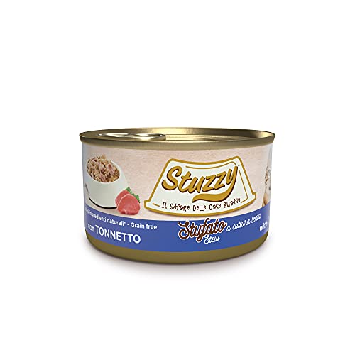 Stuzzy , Stoofpot, natvoer voor volwassen katten, bacoreta-smaak, snacks in saus, totaal 2,04 kg (24 blikjes x 85 g)