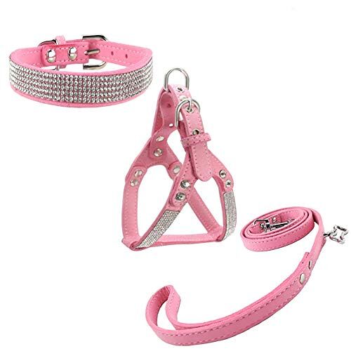 Newtensina Hondenhalsband & harnas & loodsets Mode Hondenhalsband Diamante met harnas en riemen Comfortabele zachte halsbandharnas en riemen set voor hond Roze S
