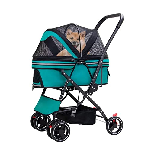 LSQXSS Hondenwagenwagen met onderste mand, Opvouwbare kinderwagen met één klik, Hondenwagentrolley met universeel wiel en rem, Verhoogde armsteun Hondenbuggywagen, ademende luifel van mesh