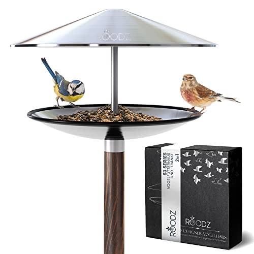 ROODZ Vogelhuisje en vogelbadje, 2-in-1, met standaard, weerbestendig, van roestvrij staal, designer-vogelvoederstation, staand vogelbad, vorstbestendig, winterbestendig, luxe vogelvoederhuis, balkon