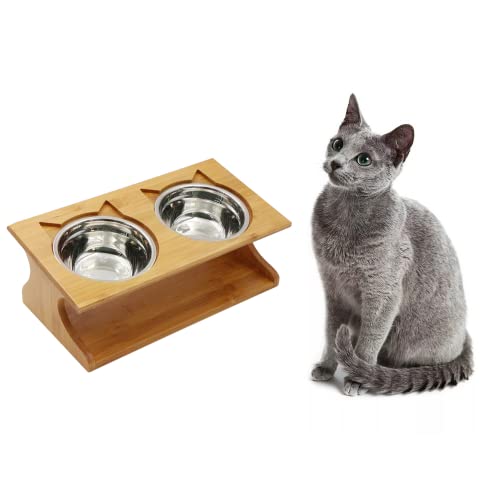 Petsoigné Kattenschalen Huisdier Eettafel met verhoogde helling Houten Stand Verhoogde Huisdierkommen met schuine standaard voor Comfortabel eten voor katten, honden, kitten en puppy (2 kommen schuin, staal)