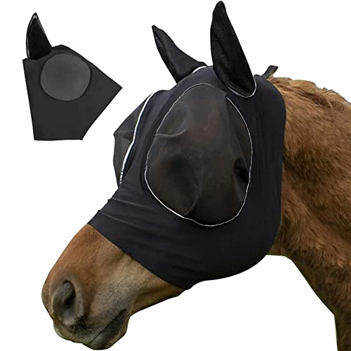 FLOTRUTE Paardenvliegenmasker met oren, glad en elastisch vliegmasker voor paarden met uv-bescherming, Fijnmazig vliegenmasker met oren ademend paardenmasker(zwart)