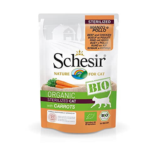 Schesir Cat Biologisch gesteriliseerd rund en kip met wortelen, kattenvoer nat voor gesteriliseerde katten, 16 zakjes x 85 g