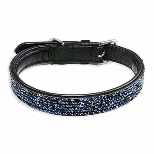 Monkimau Halsband hond echt leer hond halsbanden zwart met blauwe pailletten lederen halsband verstelbaar Dog Collar hondenhalsband maat M