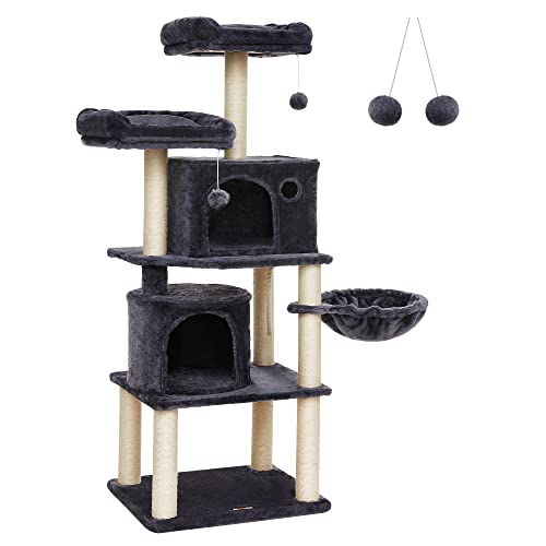 Feandrea Stevige Kattenboom met Kisal Krabpaaltjes, Kluche Zittroggen, een mand en 2 huisjes, Klimboom voor Katten, rookgrijs PCT90G