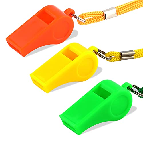 KINBOM 3 Delig Plastic Fluitjes met Koord, Luid Geluid Sport Fluitjes in Training Overleving Noodgeval Sport voor Scheidsrechter Coachleraar Honden Training (Geel, Oranje, Groen)