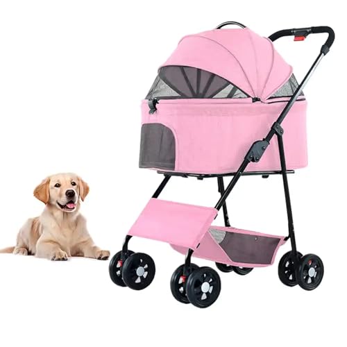 PJDDP Afneembare Wandelwagen Voor Huisdieren, Wandelwagen 4 Wielen Hond Kat Wandelwagen Wandelwagen Met Afneembare Drager 3-In-1 Multifunctionele Hond Kat Jogger Wandelwagen,Roze