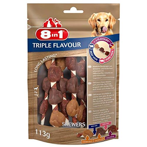 8in1 8-in-1 Triple Flavour koekjes voor honden, met extra veel vlees, per stuk verpakt (113 g), verschillende Soorten:, Skewers (1 x 113 g).