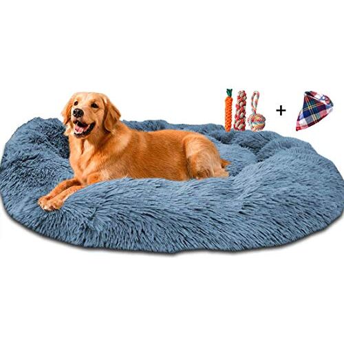 ping bu Medium Hondenbed Sofa Huisdier Bedden voor Hondenmanden Bedden Kussen Extra Grote Hondenbedden Knuffelaar Donut Pet Kat Kalmerend Bed (80CM-L, Blauw)