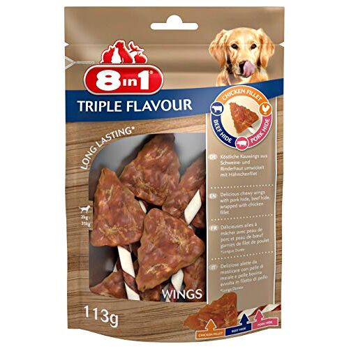 8in1 8-in-1 Triple Flavour koekjes voor honden, met extra veel vlees, per stuk verpakt (113 g), verschillende Soorten:, Wings (1 x 113 g).