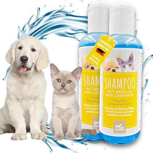 EMMA ® hondenshampoo & kattenshampoo + kamille lavendel I vachtverzorging voor honden & katten puppy's I honden shampoo tegen jeuk & geur I geïrriteerde huid I shampoo ph neutraal I ontfilting 2 * 250ml