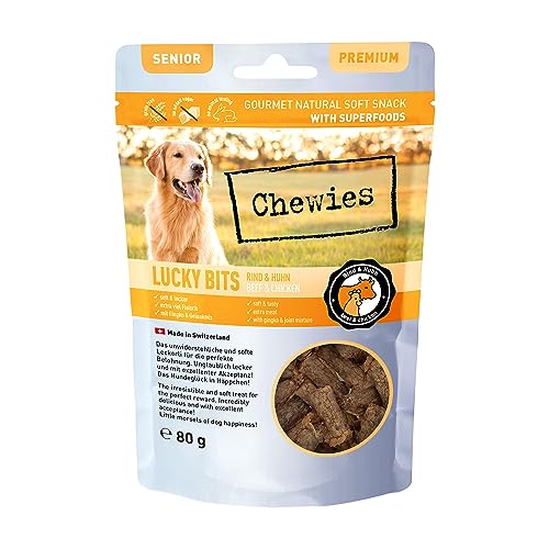 Chewies Lucky Bits Rind & Kip Senior Hondenlekkernijen, graanvrij en zacht, met veel eiwitten en superfoods zoals biergist of ginkgo, zonder suiker (80 g)