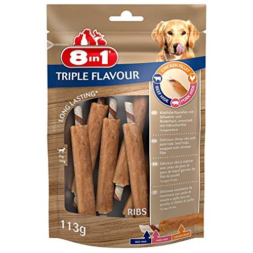 8in1 8-in-1 Triple Flavour koekjes voor honden, met extra veel vlees, per stuk verpakt (113 g), verschillende Soorten:, Ribs (1 x 113 g).