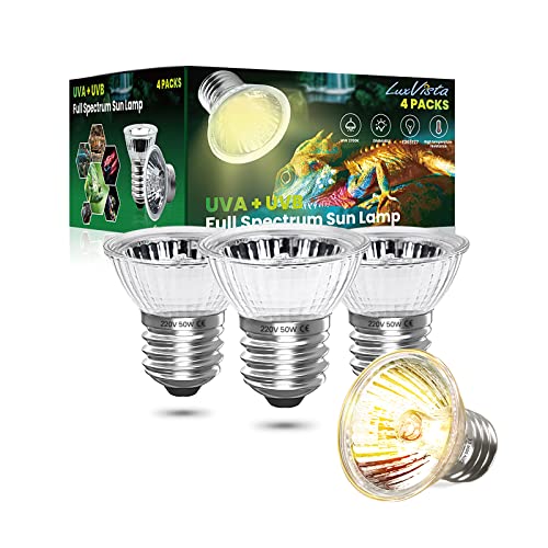 Luxvista E27 50 W reptielenwarmlamp, UVA, UVB, zonlicht, volledig spectrum, zonlicht, voor reptielen en amfibieën, hagedis, schildpad, spin, slang (4 stuks, warm licht 2700 K)