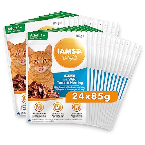 IAMS Delights Kattenvoer nat met tonijn en haring in gelei, volwaardig natvoer voor volwassen katten, 24 x 85 g zak