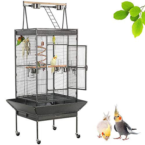 Yaheetech Vogelvolière, vogelkooi, vogelkooi, papegaaienkooi, parkieten, exotenkooi met 4 wielen, 4 kommen en 2 houten zitstokken, 81 x 76 x 174 cm