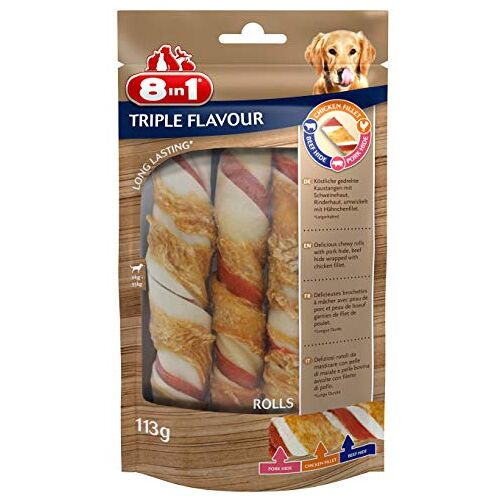 8in1 8-in-1 Triple Flavour koekjes voor honden, met extra veel vlees, per stuk verpakt (113 g), verschillende Soorten:, Rolls (1 x 113 g).