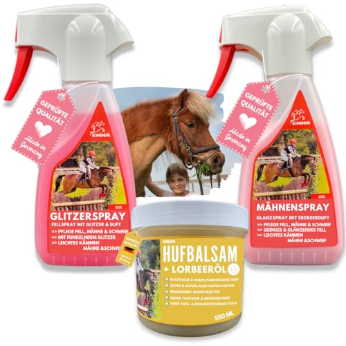 EMMA Manenspray voor paard, glitterspray voor vacht en lang haar, glitterhuffet, paardenverzorgingsset, 3-delig, voor kinderen, staartspray voor paard en pony, roze, huffetpaarden met glitter, roze, 500 ml, 2 x 250 ml