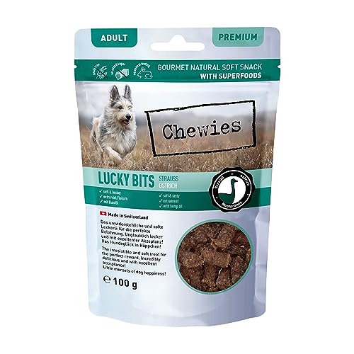 Chewies Lucky Bits Hondensnoepjes voor volwassenen, zonder granen, zacht met veel eiwitten en superfoods zoals biergist of ginkgo, zonder suiker (100 g)
