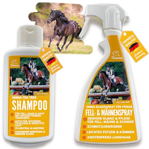 EMMA Manenspray voor paard & Tea Tree Shampoo, paardenshampoo met theeboomolie voor honden en paarden, 2 x 500 ml, milde paardenshampoo, staart-spray voor paarden, hondenshampoo voor geïrriteerde huid,