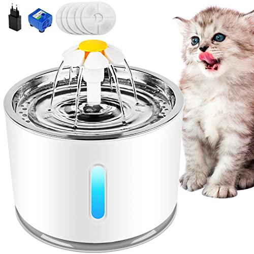 Boadw Kattenfontein, drinkfontein voor katten, drinkfontein, waterdispenser voor katten met waterniveau, raam, drinkfontein voor huisdieren met ledlicht, stil, met 5 stuks hygiënefilter, 2,4 l