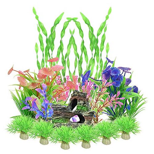 KLYNGTSK 13 stuks kunstwaterplanten, aquariumplanten, kunststof, waterplanten, aquariumplanten, decoratie met hars grot, ornament kunstplanten voor aquarium, landschap, decoratie