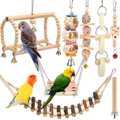 Nizirioo Speelgoed voor vogels, papegaaispeelgoed, 8 stuks, speelgoed, vogelspeelgoed, parkieten, vogel voor de kooi, schommel, kauwspeelgoed, kleurrijk, hangende bel voor contouren valkparkieten, liefdesvogels
