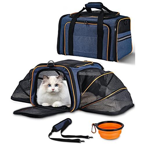 PERMUST Huisdierendraagtas met huisdiermat, hondendraagtas, kattendraagtas, opvouwbare huisdierrugzak, grote kattenrugzak, ademende kattentas, draagtas voor hond en kat in de auto, vliegtuig (blauw)