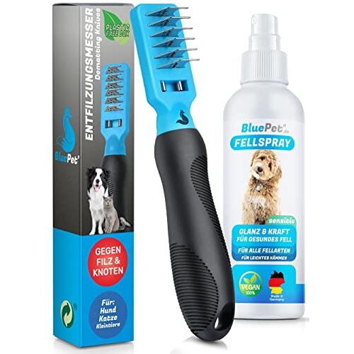 BluePet Professionele ontviltingskam + bontspray voor honden en katten bij vervilten en knopen, als ontviltingshaak met ontviltingsmessen, ontviltingshaak en ontviltingskam