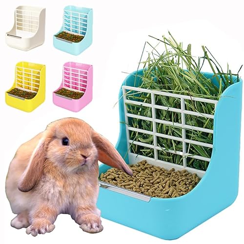 MINGZE Hooiruif, Gras En Voer 2 in 1 Konijn Hooi Feeder Rat Voedsel Kom Klein Dier Chinchilla Eekhoorn Cavia Hamster Eten Dispenser Huisdier Voerbak Houder Plastic Dierbenodigdheden (blauw)