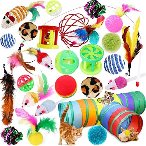 SaiXuan 27 stuks kattenspeelgoed, kattenspeelgoedset met kattentunnel, ballen, veerspeelgoed, pluche speelgoed, speelgoedmuizen, katten, speelgoed, variety pack voor kitty katten